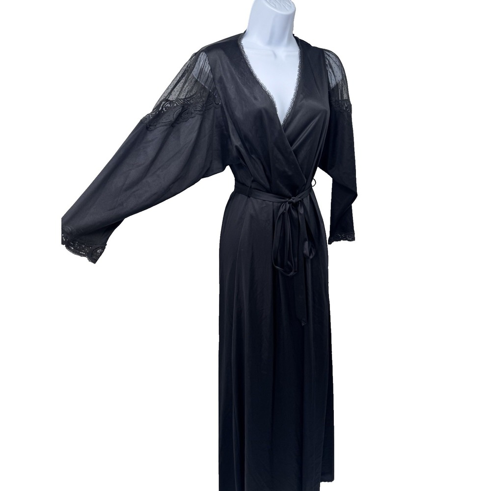 VTG 90's Vanity Fair Black Nylon Laced Robe Old Money whimsigoth Fairy grunge XS